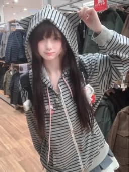 Autumn Japanese Stripe Cat's Ears Hoodies Women Y2k Aesthetic Cartoon Embroidery Grunge Hoody Loose Casual Pocket Sweatshirt