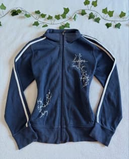 Y2K Striped Embroidered Jacket Harajuku Classic Retro Navy Blue Collared Zip Up Hoodie Goth Geometric Print Slim Fit Sweatshirt