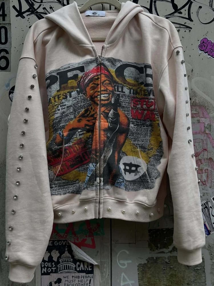Y2k Aesthetic Pattern Print Sweatshirt Vintage Punk Gothic Couple Sweatshirt Emo Graffiti Print Pearl Design Hoodie 2000s