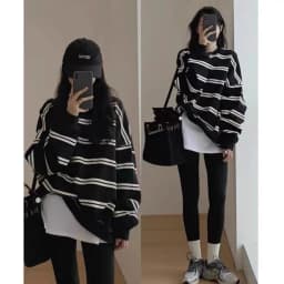 Spring Autumn Horizontal Stripes Women's Sweatshirt T-shirt Design Sense Shoulder Loose Layered Upper Body Clothing