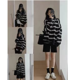 Spring Autumn Horizontal Stripes Women's Sweatshirt T-shirt Design Sense Shoulder Loose Layered Upper Body Clothing