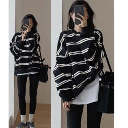 Spring Autumn Horizontal Stripes Women's Sweatshirt T-shirt Design Sense Shoulder Loose Layered Upper Body Clothing