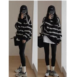 Spring Autumn Horizontal Stripes Women's Sweatshirt T-shirt Design Sense Shoulder Loose Layered Upper Body Clothing