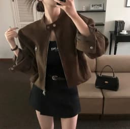 Retro Style Motorcycle Jacket Women's Loose Fit Zipper Pocket Stand Collar Short Coat Casual Outerwear for All Seasons