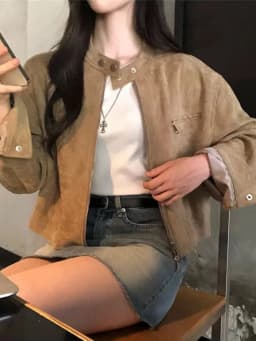 Retro Style Motorcycle Jacket Women's Loose Fit Zipper Pocket Stand Collar Short Coat Casual Outerwear for All Seasons
