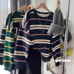 Loose Fit Long Sleeve Pure Cotton Sweatshirt Korean Style Comfortable round Neck Stripe Pattern Simple Elegant Vintage Hoodie