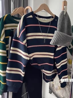 Loose Fit Long Sleeve Pure Cotton Sweatshirt Korean Style Comfortable round Neck Stripe Pattern Simple Elegant Vintage Hoodie