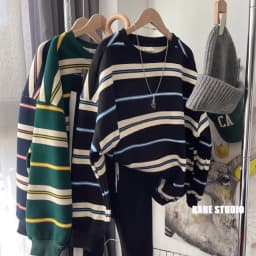 Loose Fit Long Sleeve Pure Cotton Sweatshirt Korean Style Comfortable round Neck Stripe Pattern Simple Elegant Vintage Hoodie
