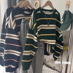 Loose Fit Long Sleeve Pure Cotton Sweatshirt Korean Style Comfortable round Neck Stripe Pattern Simple Elegant Vintage Hoodie