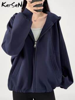 KarSaNy Hooded Sweatshirt With Zipper Women Oversize Hoodies Loose Navy Blue Casual Jackets Women's Zipper Sweatshirts With Hood