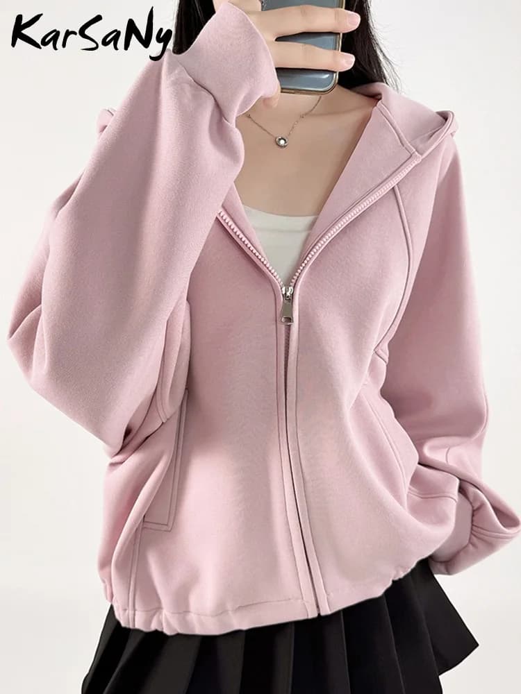 KarSaNy Hooded Sweatshirt With Zipper Women Oversize Hoodies Loose Navy Blue Casual Jackets Women's Zipper Sweatshirts With Hood