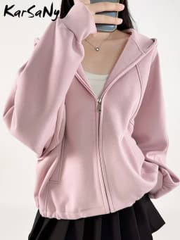 KarSaNy Hooded Sweatshirt With Zipper Women Oversize Hoodies Loose Navy Blue Casual Jackets Women's Zipper Sweatshirts With Hood