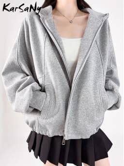 KarSaNy Hooded Sweatshirt With Zipper Women Oversize Hoodies Loose Navy Blue Casual Jackets Women's Zipper Sweatshirts With Hood