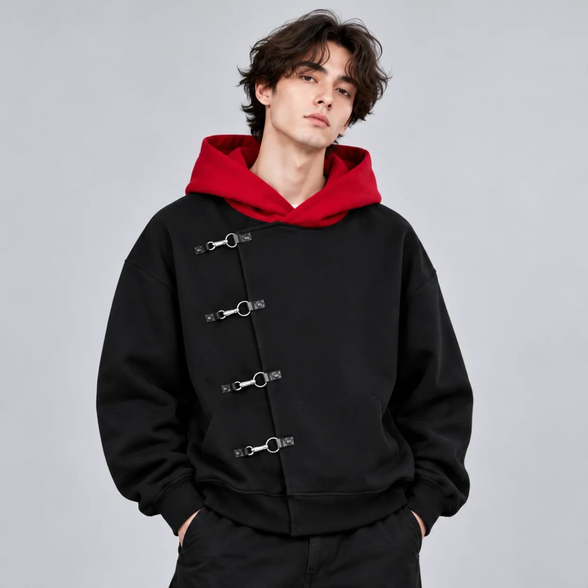 Y2K Gothic Hoodie Unisex Black Red Colorblock Oversized Sweatshirt Asymmetric Metal Buckle Hooded Pullover Punk Streetwear Fashi
