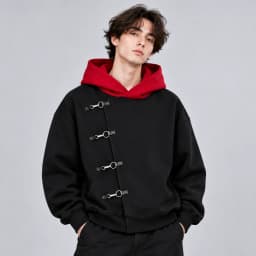 Y2K Gothic Hoodie Unisex Black Red Colorblock Oversized Sweatshirt Asymmetric Metal Buckle Hooded Pullover Punk Streetwear Fashi