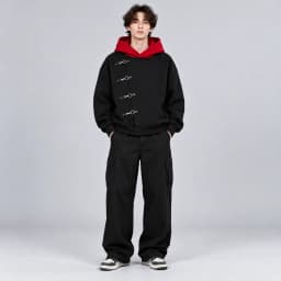 Y2K Gothic Hoodie Unisex Black Red Colorblock Oversized Sweatshirt Asymmetric Metal Buckle Hooded Pullover Punk Streetwear Fashi