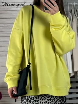 Blue Cotton Sweatshirts Oversize Women O Neck Loose Pullovers Long Sleeve Top Solid Oversized Green Sweatshirt For Women