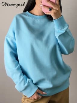 Blue Cotton Sweatshirts Oversize Women O Neck Loose Pullovers Long Sleeve Top Solid Oversized Green Sweatshirt For Women