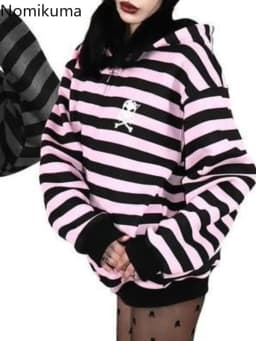 Streetwear Women Hoodies Y2k Tops 2025 Ropa Mujer Fashion Striped Hooded Sweatshirts Jackets Skull Casual Fashion Goth Hoodie