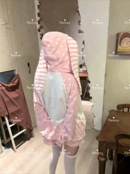 Japanese Kawaii Rabbit Ears Hoodies Tops Women Design Loose Dot Lace Patchwork Cute Coat Harajuku Chic Sweet Lovely ​Sweatshirts
