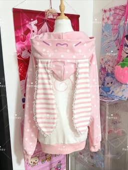 Japanese Kawaii Rabbit Ears Hoodies Tops Women Design Loose Dot Lace Patchwork Cute Coat Harajuku Chic Sweet Lovely ​Sweatshirts