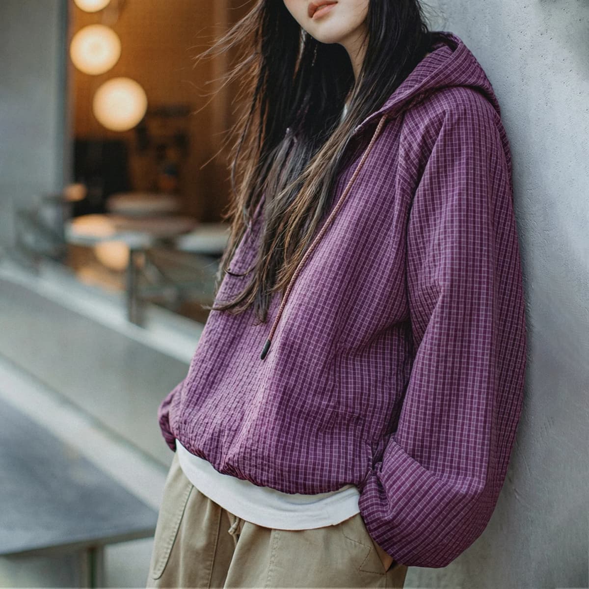Maden Women's Oversized Half Zip Hoodie Utility Sports Sweatshirt Purple Plaid Lightweight Long Sleeve Pullover For Spring