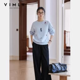 VIMLY Funny Graphic Sweatshirt 2026 Woman Blue Cat and Dog Embroidery Spring Autumn Casual Crew Neck Tops Female Clothes A0779