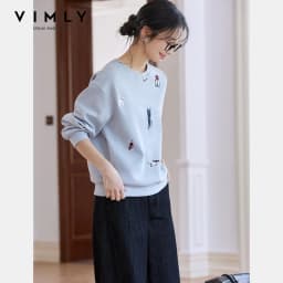 VIMLY Funny Graphic Sweatshirt 2026 Woman Blue Cat and Dog Embroidery Spring Autumn Casual Crew Neck Tops Female Clothes A0779