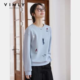 VIMLY Funny Graphic Sweatshirt 2026 Woman Blue Cat and Dog Embroidery Spring Autumn Casual Crew Neck Tops Female Clothes A0779