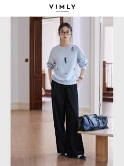 VIMLY Funny Graphic Sweatshirt 2026 Woman Blue Cat and Dog Embroidery Spring Autumn Casual Crew Neck Tops Female Clothes A0779