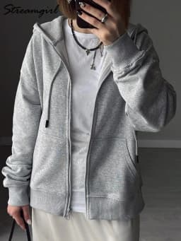 Hoodies Oversized Zip Up Sweatshirt Women White Cotton Fall Sweatshirt With Hood Zipper Gray Hooded Sweatshirts Zip Coat Women