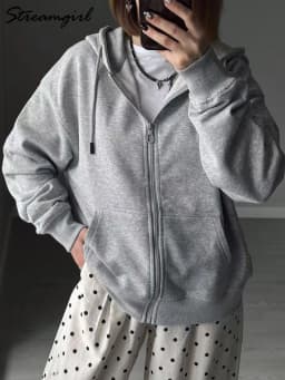 Hoodies Oversized Zip Up Sweatshirt Women White Cotton Fall Sweatshirt With Hood Zipper Gray Hooded Sweatshirts Zip Coat Women