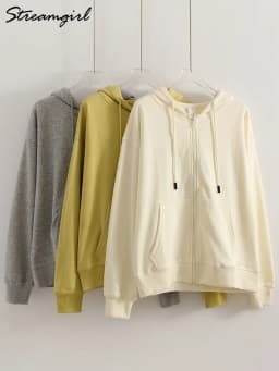 Hoodies Oversized Zip Up Sweatshirt Women White Cotton Fall Sweatshirt With Hood Zipper Gray Hooded Sweatshirts Zip Coat Women