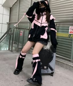 Japanese Kawaii Contrast Color Hoodies Coat Women Ruffled Patchwork Loose Sweatshirt Harajuku Zipper Y2k Aesthetic Casual Hoody