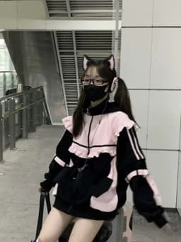Japanese Kawaii Contrast Color Hoodies Coat Women Ruffled Patchwork Loose Sweatshirt Harajuku Zipper Y2k Aesthetic Casual Hoody