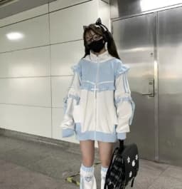 Japanese Kawaii Contrast Color Hoodies Coat Women Ruffled Patchwork Loose Sweatshirt Harajuku Zipper Y2k Aesthetic Casual Hoody