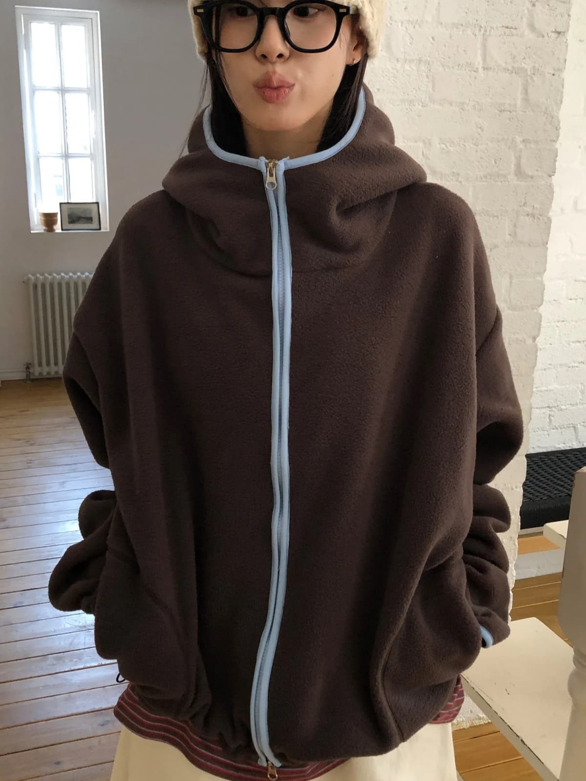 Korean Fashion Double-Sided Fleece Color Block Hoodie Women's Autumn Winter New Design Lazy Style Sweatshirt Outerwear