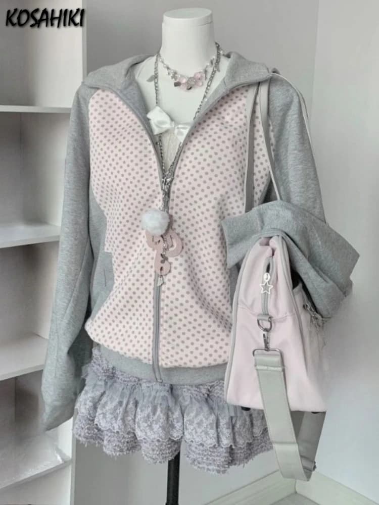 Japanese Polka Dot Patchwork Hooded Coat Y2k Aesthetic Women Contrast Color Casual Loose Jackets Harajuku Autumn Zipper Jacket