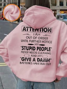 Attention Funny Phrases Prints Hoodies Women Winter Fleece Warm Pullover Loose Pocket Sweatshirt Casual Sporty Woman Clothes