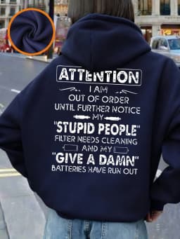 Attention Funny Phrases Prints Hoodies Women Winter Fleece Warm Pullover Loose Pocket Sweatshirt Casual Sporty Woman Clothes