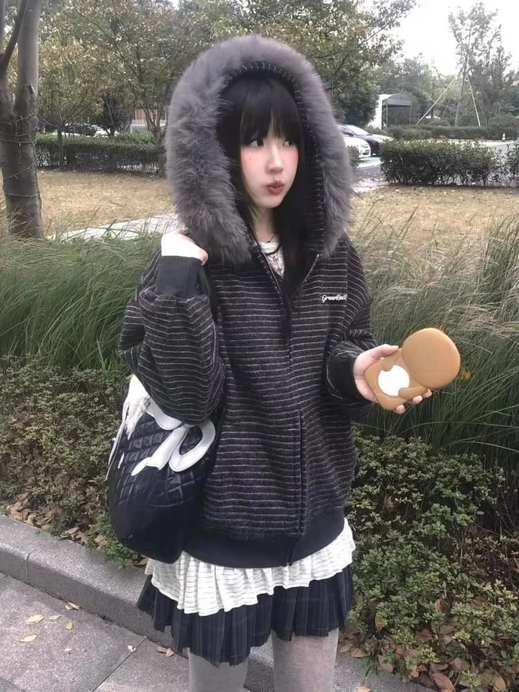 American Retro Striped Detachable Fur Collar Hooded Coat Women Sweet Fashion Loose Jacket Y2k Harajuku Vintage Sweatshirt New