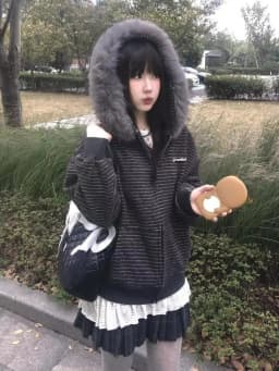 American Retro Striped Detachable Fur Collar Hooded Coat Women Sweet Fashion Loose Jacket Y2k Harajuku Vintage Sweatshirt New