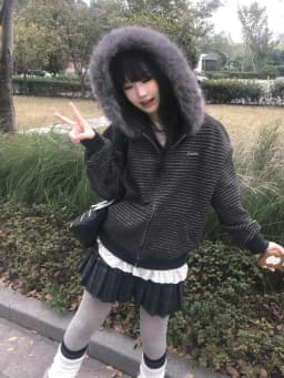 American Retro Striped Detachable Fur Collar Hooded Coat Women Sweet Fashion Loose Jacket Y2k Harajuku Vintage Sweatshirt New