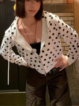 Spring Women Polka Dot Printing Casual Sweatshirts Y2k Aesthetic Grunge Pocket Hoodies Harajuku Vintage Cropped Hooded Hoody