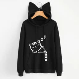 Long Sleeve Hoodies Sweatshirt For Women Cute Cat Print and Ear Kangaroo Pocket Drawstring Hooded Jogger Pullover Tops