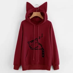 Long Sleeve Hoodies Sweatshirt For Women Cute Cat Print and Ear Kangaroo Pocket Drawstring Hooded Jogger Pullover Tops