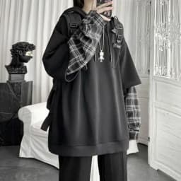 KOSAHIKI Fake Two Pieces Hoodies Women Men Oversized Plaid Sleeve Patchwork Hoody Sweatshirts Harajuku Sudaderas Grunge Moletom