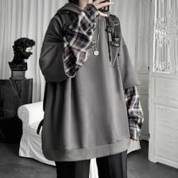 KOSAHIKI Fake Two Pieces Hoodies Women Men Oversized Plaid Sleeve Patchwork Hoody Sweatshirts Harajuku Sudaderas Grunge Moletom