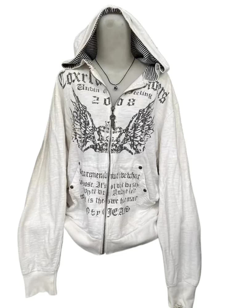 American Retro Printed Zipper Sweatshirt Women's Y2K New Harajuku Hip Hop Goth Casual Joker Long Sleeve Zipper Hoodie Streetwear