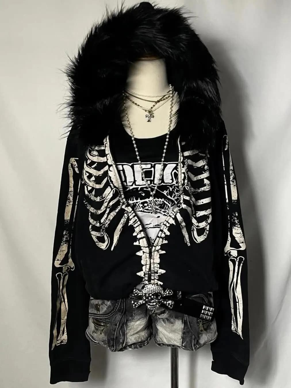 Autumn American Vintage Gothic Punk Outerwear Women's Fur Collar Skull Print Y2K Subcultural Hoodie Harajuku Casual Street Wear